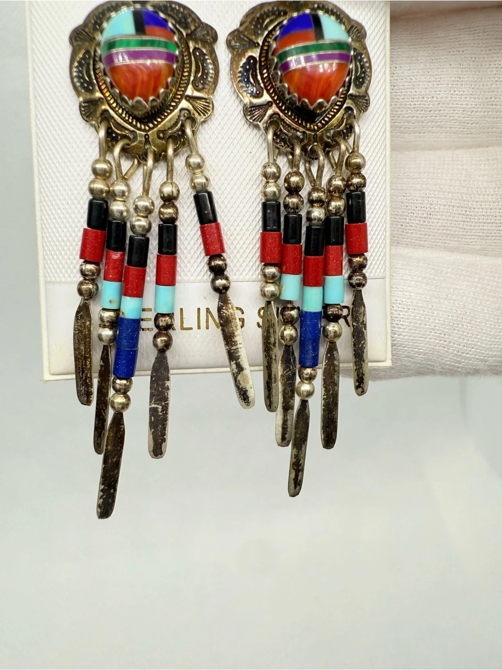 Vintage Signed QT Quoc Southwestern Sterling Silver Multi-Stone Dangle Earrings!
